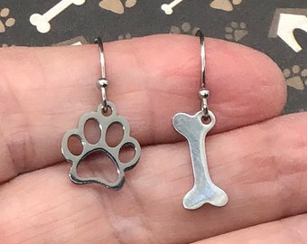 Paw Print Earrings, Dog Earrings, Bone Earrings, Dog and Bone Earrings, Mismatched Paw Earrings, Dog Jewelry, Silver Dog Earrings