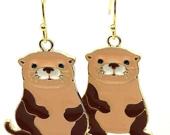 Otter Earrings, Cottage Core Otter Earrings, Enamel Otter Earrings, Otter Jewelry, Cottage Core Jewelry, Cute Otter Earrings, Otter Gift