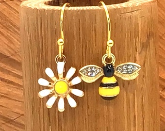 Bee Earrings, Mismatched Earrings, Bee and Flower Earrings, Honey Bee Earrings, Bee Jewelry, Cute Bee Earrings, Gift for Bee Lover, Bee Gift