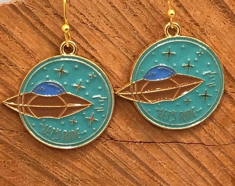Space Earrings, Space Jewelry, UFO Earrings, UFO Jewelry, Alien Earrings, Alien Jewelry, Fun Space Earrings, Spaceship Earrings, Let’s Ride