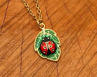 Ladybug on Leaf Necklace, Enamel Pendant, Gold Plated Chain