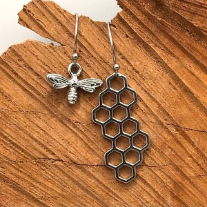 Bee Earrings, Honey Bee Earrings, Bee Jewelry, Honeycomb Earrings, Bee and Honeycomb Earrings, Mismatched Bee and Honeycomb Earrings