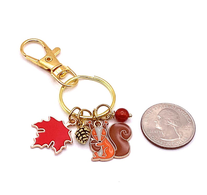 Puede incluir: Un llavero dorado con un mosquet&oacute;n y un anillo partido. Los dijes incluyen una hoja de arce roja, una peque&ntilde;a pi&ntilde;a y una ardilla con esmalte naranja y marr&oacute;n. Tambi&eacute;n hay una cuenta roja y una moneda.