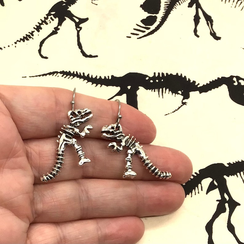 Dinosaur Earrings, T-Rex Earrings, Dinosaur Jewelry, Science Earrings, T-Rex Skeleton Earrings, Tyrannosaurus Rex, Cute T-Rex Earrings image 1