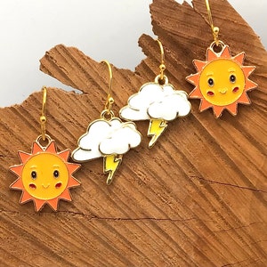Sun Earrings, Kawaii Sun Earrings, Cute Sun Earrings, Cloud Earrings, Lightning Earrings, Cute Cloud Earrings, Mismatched Earrings, Sun Gift