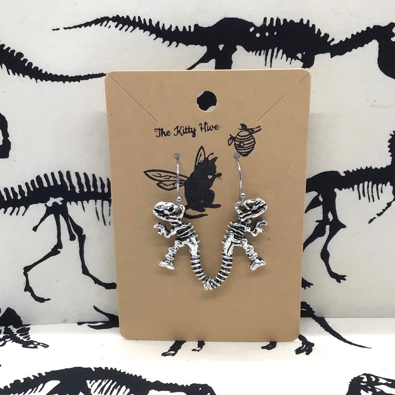 Dinosaur Earrings, T-Rex Earrings, Dinosaur Jewelry, Science Earrings, T-Rex Skeleton Earrings, Tyrannosaurus Rex, Cute T-Rex Earrings image 2