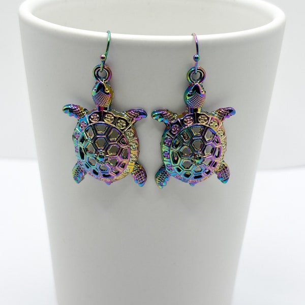 Turtle Earrings, Rainbow Turtle Earrings, Turtle Jewelry, Iridescent Turtle Earrings, Iridescent Jewelry, Gift for Turtle Lover, Turtle Gift