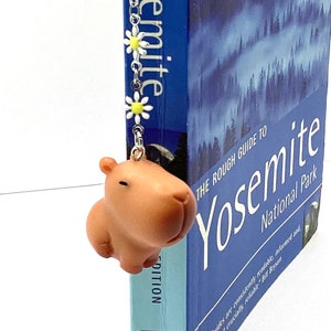 May include: A brown capybara bookmark with a silver chain and white daisy charms. The bookmark is attached to a book titled "The Rough Guide to Yosemite National Park".