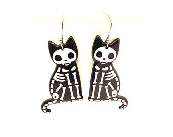 Cat Skeleton Earrings, Black Cat Earrings, Big Cat Earrings, Kitschy Earrings, Skeleton Jewelry, Halloween Earrings, Acrylic Cat Earrings