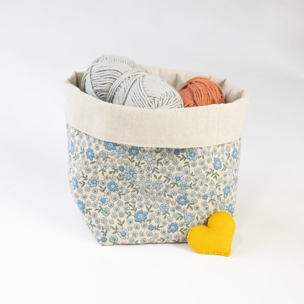 Blue Ditsy Flower Fabric Basket, Floral Handmade Storage and Organizer Bin