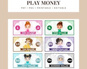 princess pretend money kids play printable editable etsy