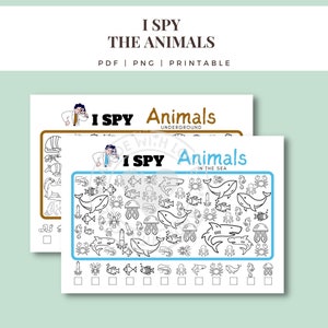 May include: Two black and white printable I Spy activity sheets. The first sheet features animals found underground, and the second sheet features animals found in the sea. Each sheet has a checklist for the player to mark off the animals they find.