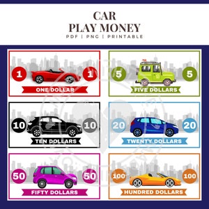 CARS Pretend Money Kids Play Printable Editable