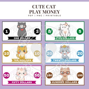 May include: Set of six printable play money notes featuring cute cartoon cats. The notes are in denominations of £1, £5, £10, £20, £50, and £100.
