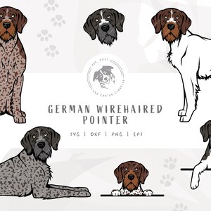 Könnte beinhalten: Fünf Illustrationen von Deutsch-Drahthaar-Vorstehhunden in verschiedenen Posen. Die Illustrationen sind in Schwarz, Weiß und Braun. Der Text "GERMAN WIREHAIRED POINTER" ist in Schwarz und Weiß. Der Text "SVG | DXF | PNG | EPS" ist in Schwarz und Weiß.