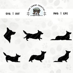 Corgi Dog SVG Bundle, Cardigan Welsh Corgi Silhouette, Corgi Head Vector, Dog Sitting Standing PNG, Dog Laying Down Art, Dog Running Playing