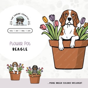 May include: A digital illustration of a Beagle dog peeking out of a flower pot with colourful tulips. The dog is brown and white with floppy ears. The flower pot is brown with the text "The Canine Creative" repeated around the side.