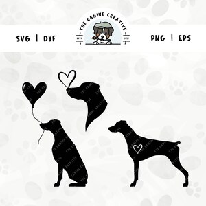 This bundle of Doberman silhouettes, featuring natural ears and docked tails, includes three different designs: a dog holding a heart balloon, a standing dog silhouette with a heart inset, and a dog face portrait with a heart perched atop its nose.