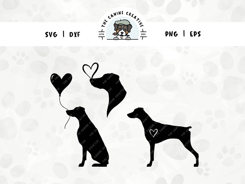 This bundle of Doberman silhouettes, featuring natural ears and docked tails, includes three different designs: a dog holding a heart balloon, a standing dog silhouette with a heart inset, and a dog face portrait with a heart perched atop its nose.