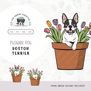Boston Terrier SVG | Cute Peeking Puppy in Flower Pot Clipart | DIY Easter Gift for Dog Lovers | Spring Tulip Wall Art Printable