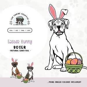 Boxer Dog with Tail SVG | DIY Dog Easter Bunny Gift | Puppy with Egg Basket Clipart PNG | Spring Illustration Wall Art Printable