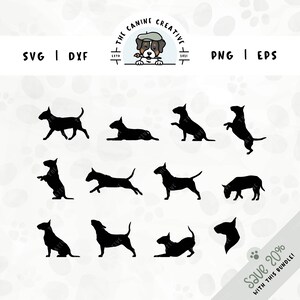 May include: A set of 10 black and white silhouette images of a bull terrier dog in various poses. The images are perfect for crafting projects, such as cutting, printing, and embroidery.