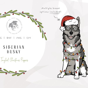 Siberian Husky Christmas SVG, Husky PNG, Tangled Christmas Lights svg, Dog Santa Hat svg, Dog Clipart Christmas, Printable Dog Illustration