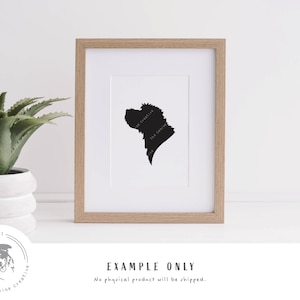May include: A black and white silhouette of a dog's head in a light wood frame. The image is on a white background. The text "EXAMPLE ONLY" is below the image. The text "No physical product will be shipped." is below the text "EXAMPLE ONLY".