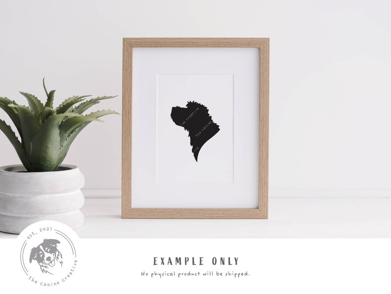 May include: A black and white silhouette of a dog's head in a light wood frame. The image is on a white background. The text "EXAMPLE ONLY" is below the image. The text "No physical product will be shipped." is below the text "EXAMPLE ONLY".