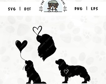 May include: Three black silhouette images of Cavalier King Charles Spaniels. One dog is holding a heart-shaped balloon, another is holding a heart, and the third dog has a heart on its chest.