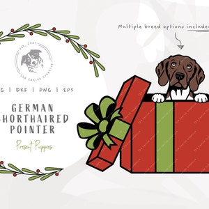 GSP Christmas SVG, German Shorthaired Pointer svg, Peeking Dog PNG, Gift Box svg, Dog Christmas svg, Christmas Present Clipart, Xmas Dog Art