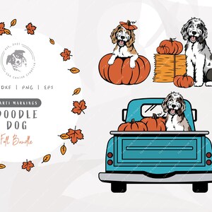 May include: A digital illustration set featuring a doodle dog in various fall-themed scenes. The set includes a dog sitting in a pumpkin, a dog riding in a pickup truck with pumpkins, and a dog with a pumpkin hat. The text "Doodle Dog Fall Bundle" is included in the image.