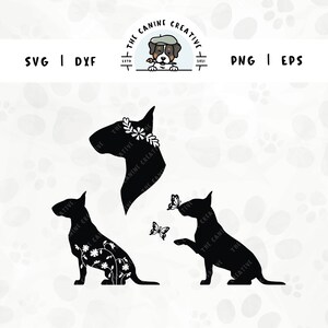 Inglese Bull Terrier Silhouette SVG / Primavera Floreale Cane PNG / Farfalla Wall Art Stampabile / Bully Puppy Clipart / Loss Memorial Regalo fai da te