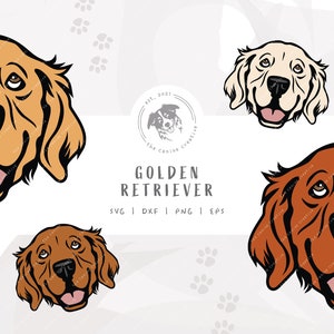 May include: Three different colored illustrations of Golden Retriever dog heads. The dogs are smiling with their tongues out. The text "Golden Retriever" is in the center of the image with the text "SVG | DXF | PNG | EPS" below it.