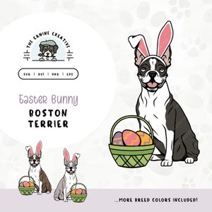 Boston Terrier SVG Design | DIY Dog Easter Bunny Gift | Cute Puppy with Egg Basket Clipart PNG | Spring Wall Art Printable