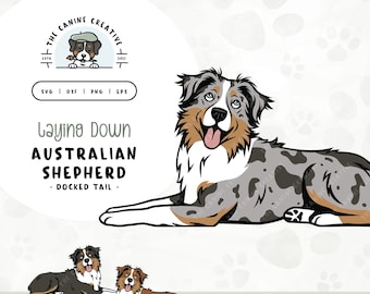 May include: Digital illustration of an Australian Shepherd dog laying down with a docked tail. The dog is blue merle with brown markings. The image includes the text "Laying Down Australian Shepherd - Docked Tail - ... More Breed Colors Included!"