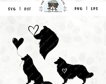 May include: Three black silhouette images of dogs with hearts. The first dog is holding a heart in its mouth. The second dog is holding a balloon in the shape of a heart. The third dog is holding a heart in its paw.