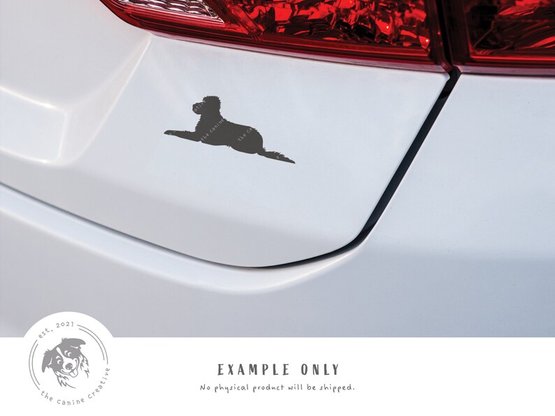 May include: A black silhouette of a dog lying down on a white car. The dog is facing the left side of the image. The car is a white sedan with a red taillight. The image is a digital mockup and says "EXAMPLE ONLY" at the bottom.