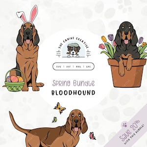 May include: A spring-themed bundle of digital illustrations featuring a Bloodhound dog in three different poses. The dog is wearing bunny ears, sitting in a pot of flowers, and standing with butterflies. The illustrations are perfect for creating spring-themed crafts, cards, and other projects.