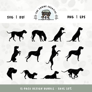 以下が含まれることがあります： さまざまなポーズをとった犬のシルエットの白黒イラスト12点セット。イラストは12点のデザインバンドルの一部です。画像の上部には「THE CANINE CREATIVE」というテキストがあります。