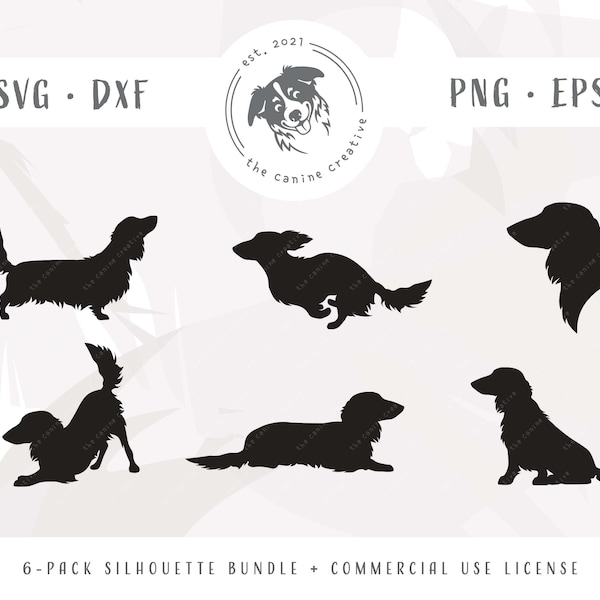 Long Haired Dachshund Silhouettes SVG Design Bundle, Wiener Dog Clipart, Doxie Mom, Commercial Use, Cricut cut file, png, dxf, eps