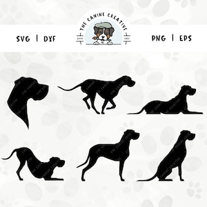 May include: A set of six black silhouette dog breed illustrations. The dog breeds include a Bloodhound, a Pointer, a Great Dane, a Dachshund, a Doberman Pinscher, and a Beagle.