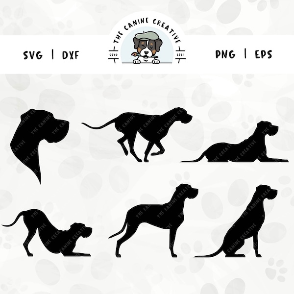 Great Dane SVG Bundle Floppy Ears, Great Dane Head Silhouette, Dog Sitting Standing PNG, Dog Laying Down Design, Dog Running Playing Vector