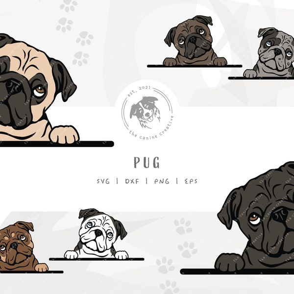 Pug SVG, Peeking Dog SVG #1, Pug Clip Art, Fawn Pug Illustration, Black Pug Art, Printable Dog Portrait, Cricut Cut File, Dog Vector