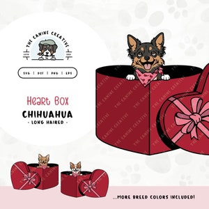 Long Haired Chihuahua SVG | Peeking Dog in Heart Box Clipart | DIY Chihuahua Mom, Valentines, or Anniversary Gift | Gotcha Day Pet Adoption