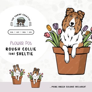 Rough Collie SVG | Peeking Shetland Sheepdog in Flower Pot Clipart | DIY Easter Gift for Dog Lovers | Spring Sheltie Wall Art Printable