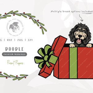 May include: A doodle dog peeking out of a red and green gift box with a green bow. The text "Present Puppies" is below the image.