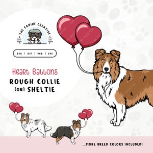 Rough Collie SVG | Shetland Sheepdog with Heart Balloons Clipart | DIY Gift for Sheltie Mom, Valentines, or Anniversary | Dog Gotcha Day PNG