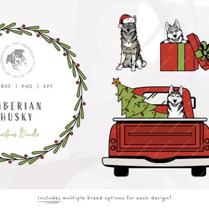 Siberian Husky Christmas SVG, Husky PNG, Gift Box Clipart, Dog Santa Hat Art, Tangled Christmas Lights SVG, Red Truck with Tree Cut File