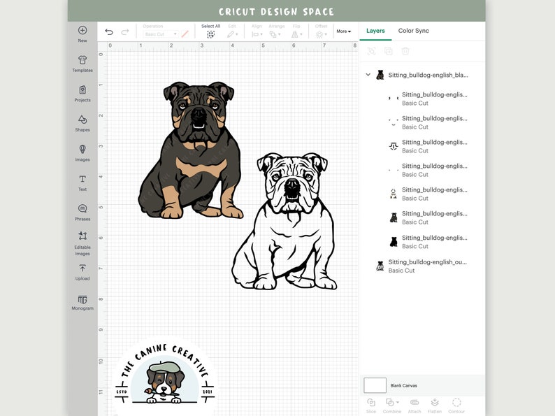 Screen shot of design in Cricut Design Space showing layered and outline design details.
